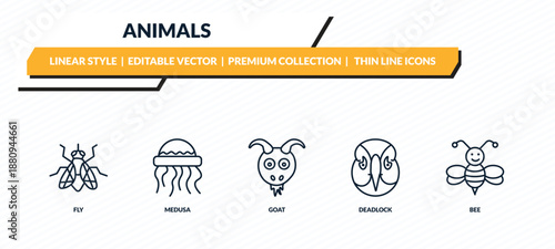 animals icons set - fly, medusa, goat, deadlock, bee outline vector collection.