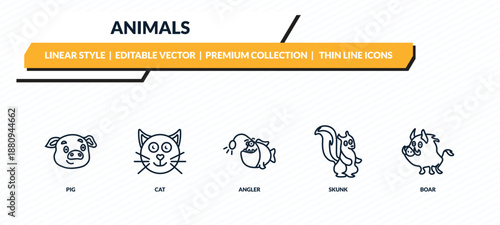 animals icons set - pig, cat, angler, skunk, boar outline vector collection.