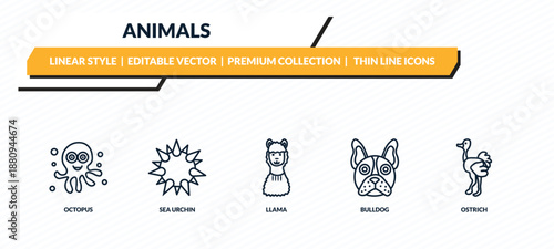 animals icons set - octopus, sea urchin, llama, bulldog, ostrich outline vector collection.