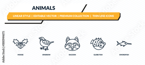 Photography animals icons set - moose, sparrow, racoon, globe fish, swordfish outline vector collection