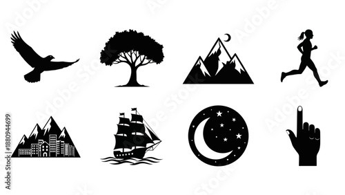 Minimalist night sky icons set with cityscape, wind turbine, crescent moon, and dandelion seeds vector illustration