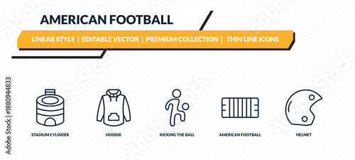 american football icons set - stadium cylinder, hoodie, kicking the ball, american football mark, helmet outline vector collection.