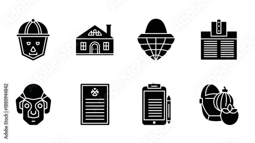Minimalist House Icons Set with Real Estate and Home Symbols on Black Background