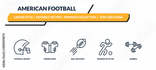 american football icons set - football helmet, padded shirt, ball on flight, running with the ball, barbell outline vector collection.