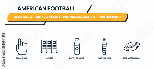 american football icons set - foam finger, lockers, bottle of water, yard marking, fast football ball outline vector collection.