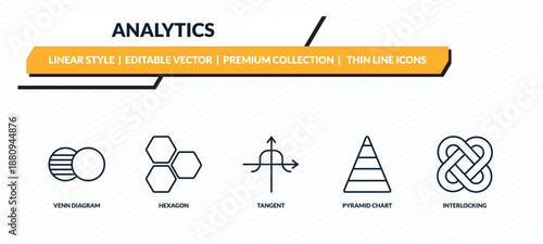 analytics icons set - venn diagram, hexagon, tangent, pyramid chart, interlocking outline vector collection.