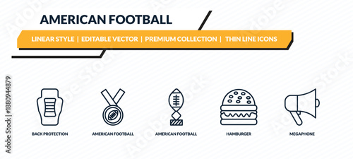 american football icons set - back protection, american football medal, american football tee, hamburger, megaphone outline vector collection.