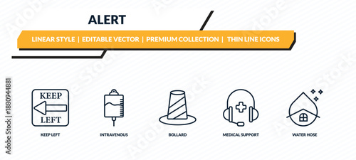 alert icons set - keep left, intravenous, bollard, medical support, water hose outline vector collection.