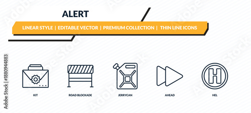 alert icons set - kit, road blockade, jerrycan, ahead, hel outline vector collection.
