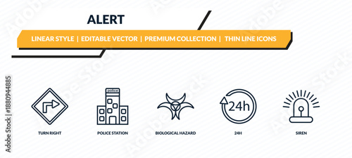 alert icons set - turn right, police station, biological hazard, 24h, siren outline vector collection.