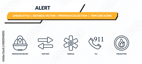 alert icons set - firefighter helmet, two way, medical, 911, fire button outline vector collection.