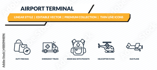 airport terminal icons set - duty free bag, emergency truck, book bag with pockets, helicopter flying, old plane outline vector collection.