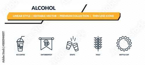 alcohol icons set - ice coffee, oktoberfest, shots, malt, bottle cap outline vector collection.