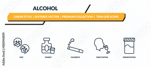 alcohol icons set - hop, whisky, cigarrete, wine tasting, fermentation outline vector collection.