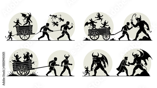 Ancient Greek Mythology Sisyphus Punishment Pushing Boulder with Demons Vector Illustration