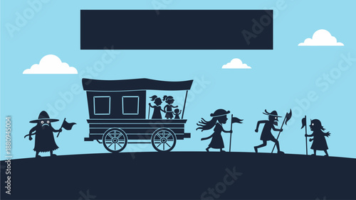 Halloween witch family riding haunted wagon with ghosts in spooky night sky scene