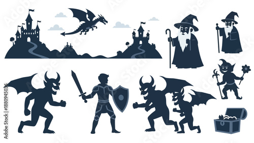 Halloween fantasy scene with haunted castles, monsters, and knight in dark spooky landscape