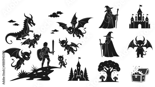 Halloween horror icons set with ghosts, bats, haunted house, skulls, and spooky creatures in black and white vector illustration