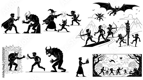 Halloween spooky scene with haunted house, bats, ghosts, and witches flying in night sky vector illustration