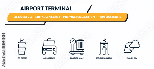 airport terminal icons set - hot coffee, airport taxi, baggage scale, security control, cloudy day outline vector collection.