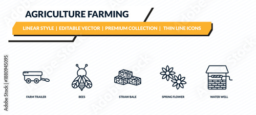 agriculture farming icons set - farm trailer, bees, straw bale, spring flower, water well outline vector collection.