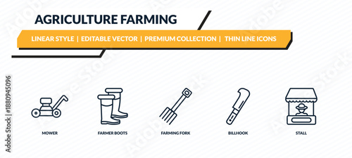 agriculture farming icons set - mower, farmer boots, farming fork, billhook, stall outline vector collection.