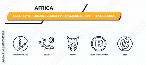 africa icons set - rwandan franc, desert, rhino, south african rand, cedi outline vector collection.