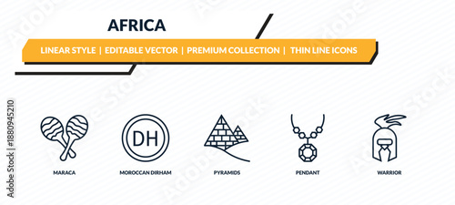 africa icons set - maraca, moroccan dirham, pyramids, pendant, warrior outline vector collection.