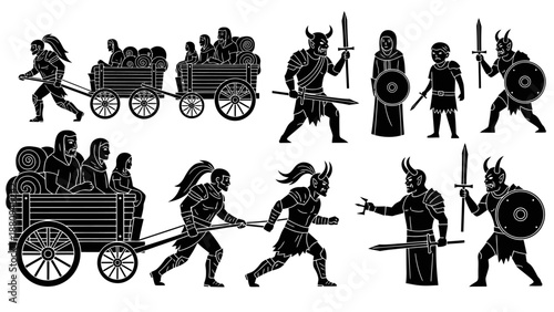 Minimalist Zen Dharma Wheel Mandala Icons Set on Black Background for Meditation and Spiritual Design