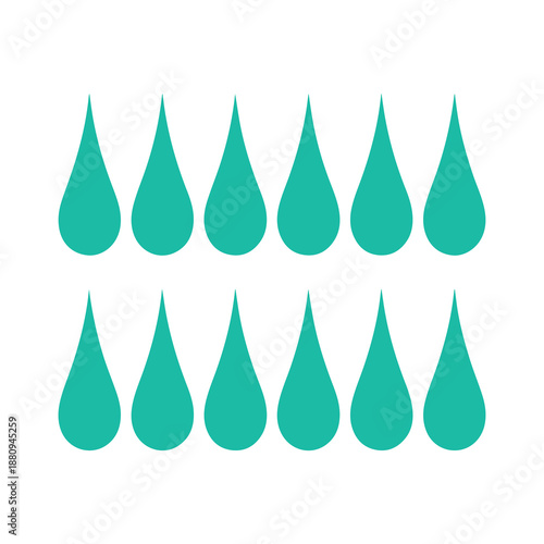 Teal water droplets arranged in two rows symbolizing liquid purity and refreshment against a clean white background evoking a sense of clarity and nature's essential element