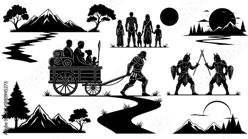 Vintage circus wagon with acrobats and performers line art black white illustration