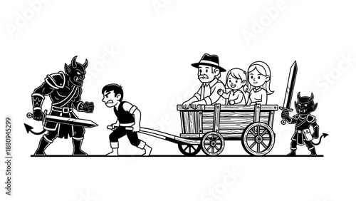 Family Escaping Monsters in Dark Fantasy Cartoon Scene with Creepy Creatures and Wagon