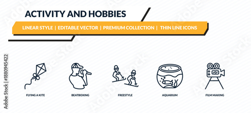 activity and hobbies icons set - flying a kite, beatboxing, freestyle, aquarium, film making outline vector collection.