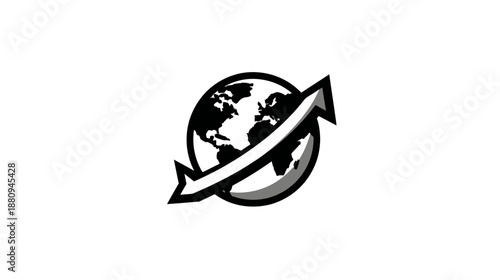 Global network and communication concept with planet Earth and arrow. International business, technology, travel, and worldwide connection symbol.