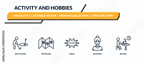 activity and hobbies icons set - golf playing, travelling, comic, ballerina, resting outline vector collection.