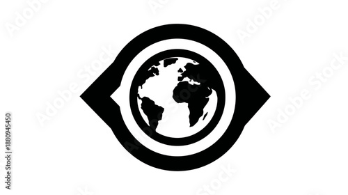 Global Vision icon. Abstract eye shape with Earth globe inside, symbolizing worldwide connection, digital network, surveillance, and observation.