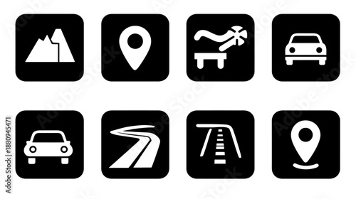 Travel and Navigation Vector Icons Set: Road Trip, Location Pin, Mountain, Beach Vacation, Car, Journey Path, Map Symbols.