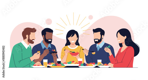 Diverse group of five happy people enjoys a healthy and vibrant meal together at a table, symbolizing community and healthy eating habits.