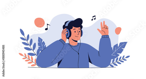 Happy man joyfully listens to music with headphones, surrounded by vibrant leaves and floating musical notes, symbolizing relaxation and audio pleasure.