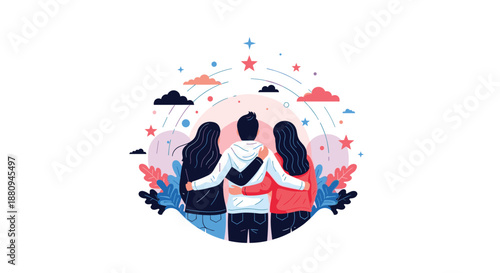 Three friends stand with arms around each other's shoulders, looking at a beautiful starry sky, symbolizing strong friendship unity and mutual support.