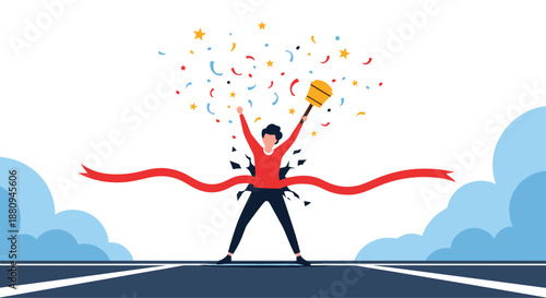 Triumphant man dramatically breaks through a finish line banner, celebrating with confetti and a golden bat, symbolizing victory achievement and overcoming challenges.