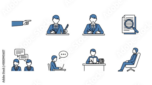 Business professionals in various work scenarios flat design vector illustration set