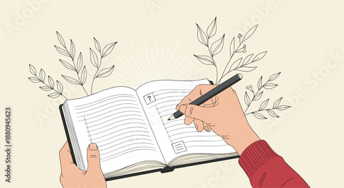 Human hands write diligently in a journal or planner, surrounded by elegant line-art leaves, symbolizing self-reflection planning and personal growth.