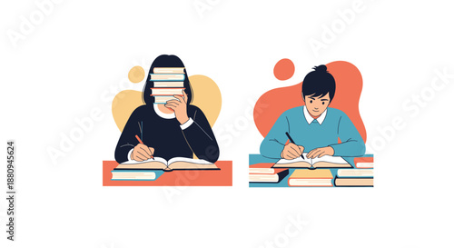 Two diligent students, one balancing books on her head, both writing, symbolizing hard study, focused learning and academic concentration.