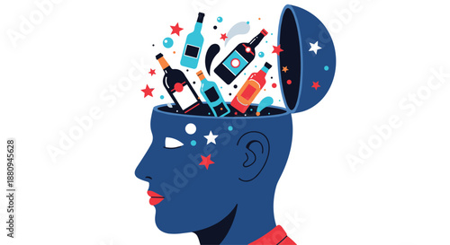 Creative illustration of an open human head from which various alcohol bottles float out, symbolizing addiction substance abuse and mental health struggles.