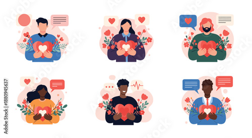 A diverse group of men and women from various backgrounds lovingly hold hearts expressing care and unity in a floral setting.