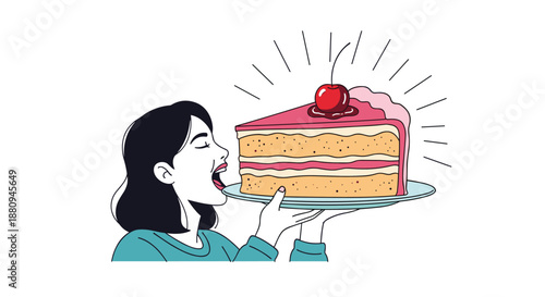 A happy woman with dark hair eagerly takes a large bite out of a delicious looking pink frosted cake with a cherry on top.