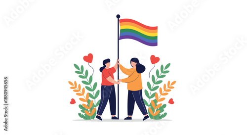 Two happy women stand together holding up a vibrant rainbow flag representing LGBTQ+ pride and equality with love and nature.
