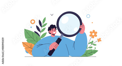 A happy man holds a large magnifying glass representing search discovery and investigation with abstract floral elements.