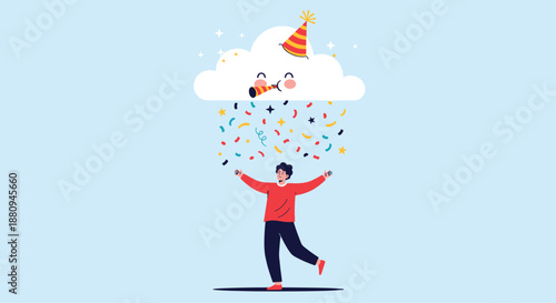 A joyful person celebrates under falling confetti from a smiling cloud wearing a party hat blowing a horn in a festive mood.
